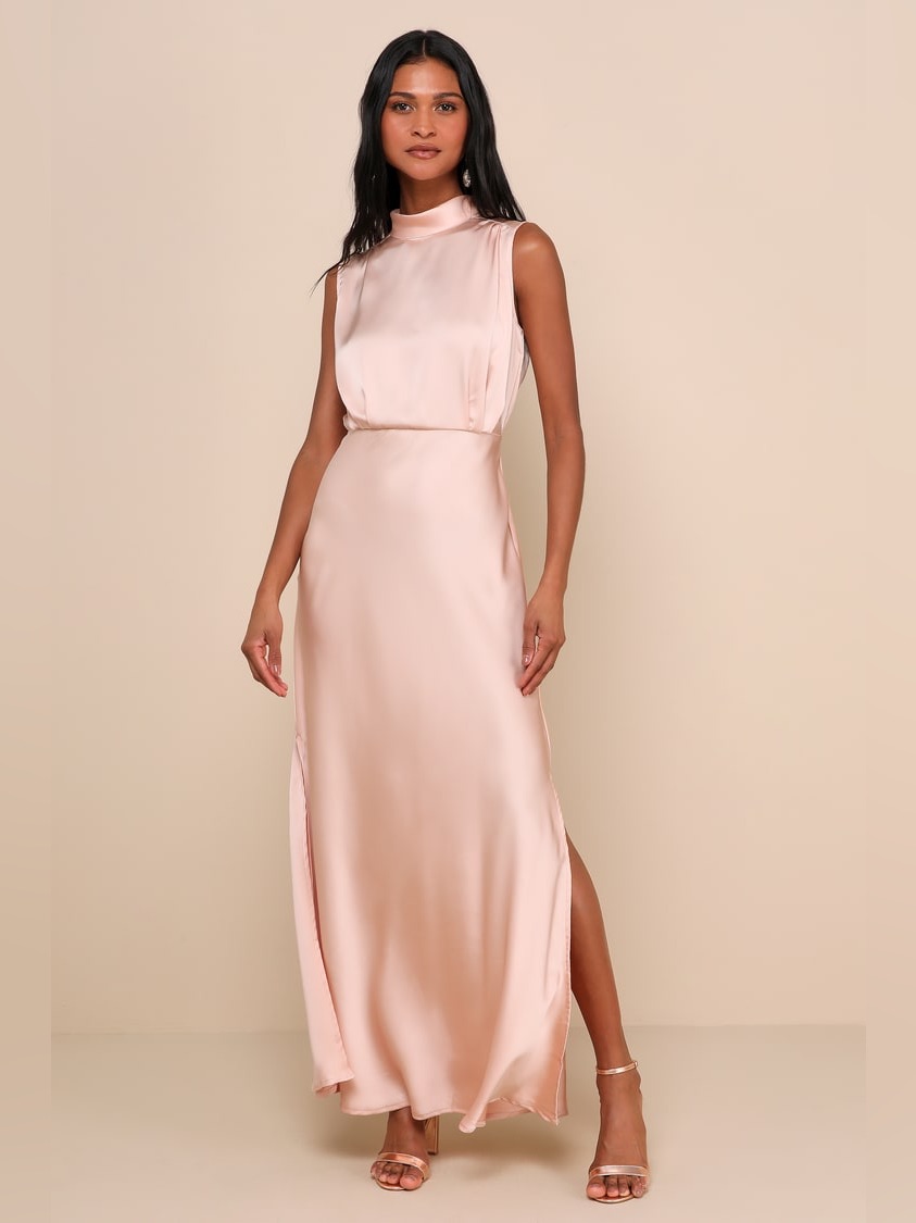 Lulus Satin High-Neck Maxi Dress Blush Nwot